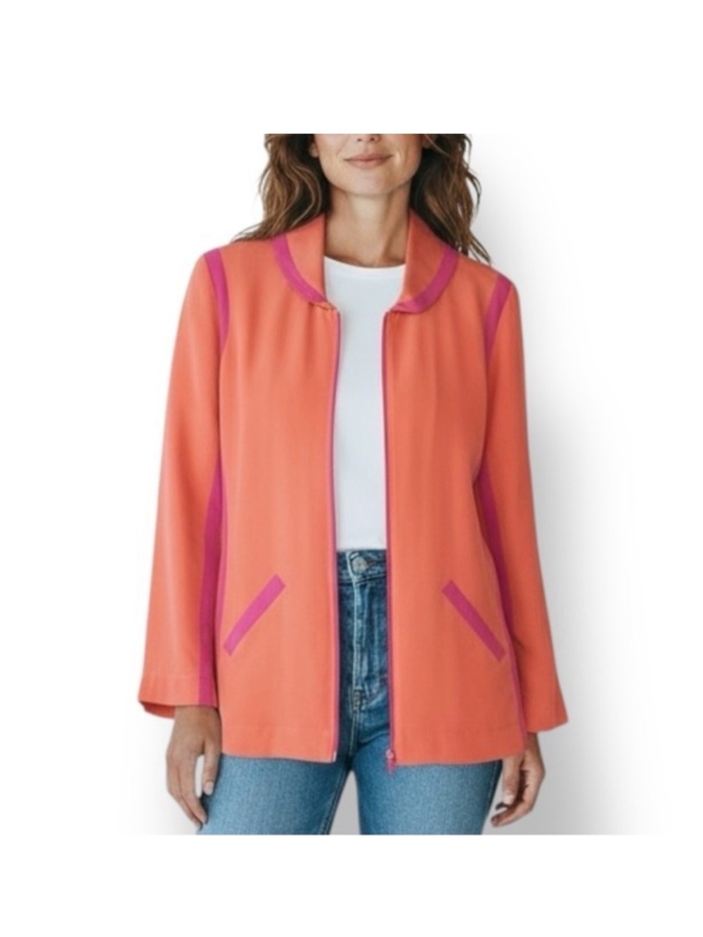 Lillie Rubin Vintage Silk Jacket Coral & Pink Zip Front Tailored Blazer 8